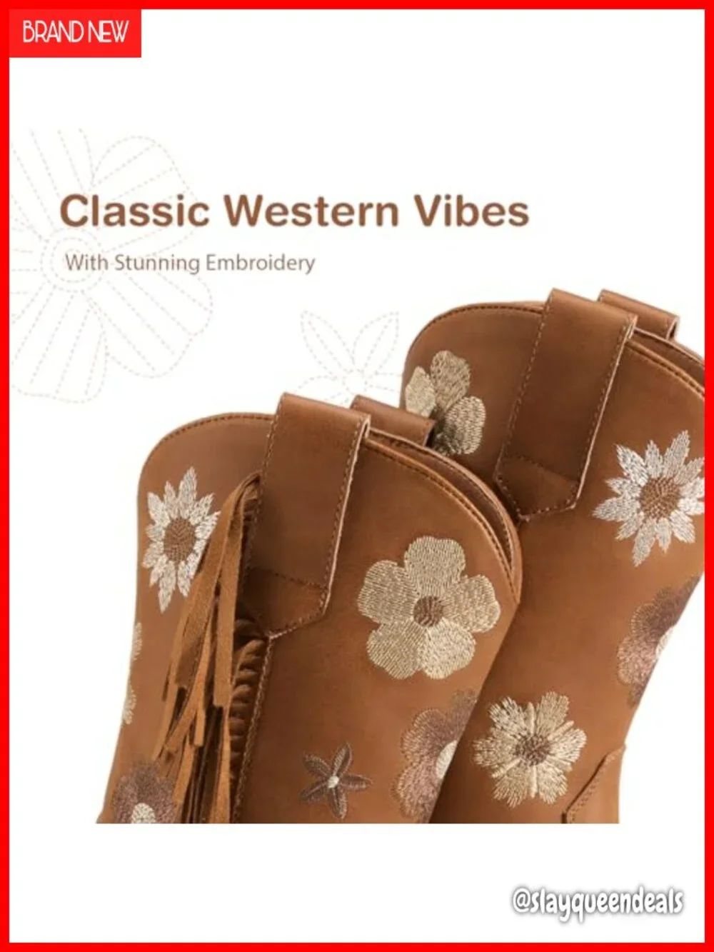 Girls Cowboy Boots with Floral Embroidered Faux Leather Tassel Western Boots